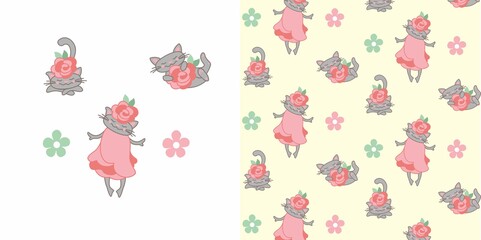 Obraz premium Pretty cat with flowers, kids pattern for textile, cute animal, vector