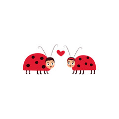Poster with ladybugs hearts vector style of flat doodles. Love, a couple. Print for textile clothing. A cute children illustration. Postcard Scandinavian language. Isolated white background