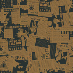 Vector seamless pattern with a chaotic collage of newspaper clippings. Monochrome background with unreadable text, titles and illustrations on a brown. Wallpaper, wrapping paper, fabric in retro style