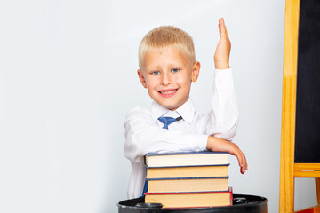 Child schoolboy boy happy and beautiful on a white background, back to school