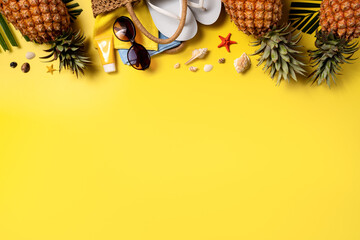 Summer fruit background design concept. Beach with shells, pineapple and palm leaves on yellow...