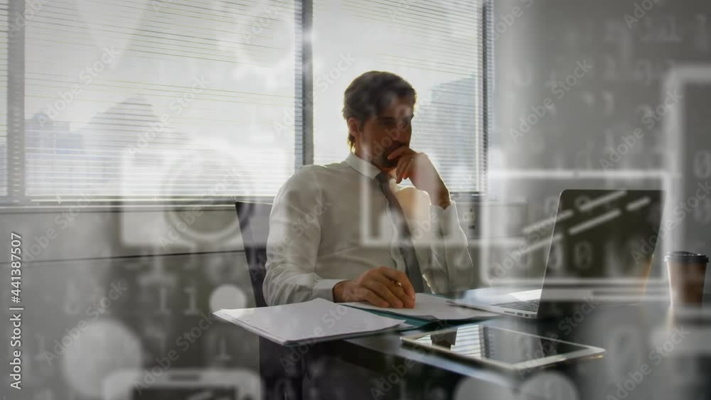 Poster animation of network of digital icons over businessman using computer