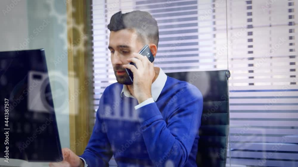 Poster animation of network of digital icons over businessman using smartphone and computer