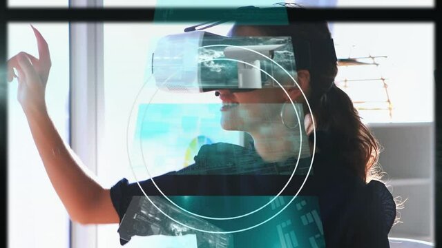 Animation of cascading data interfaces over woman in vr headset gesturing, using virtual interface