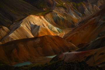 The spectacular landscape of Landmannalaugar seen from the top of Brennisteinsalda volcano,...