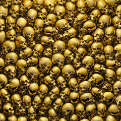 Gold skulls background / 3D illustration of golden human skulls piled closely together
