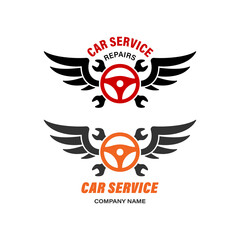 Set of color illustrations of steering wheel, wrench, wings and text on a white background. Design element for emblem, badge, sign, label and sticker. Car service and repair. Auto workshop.