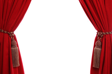 Open elegant red front curtains on white background