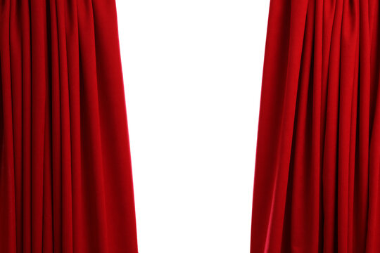 Open elegant red front curtains on white background