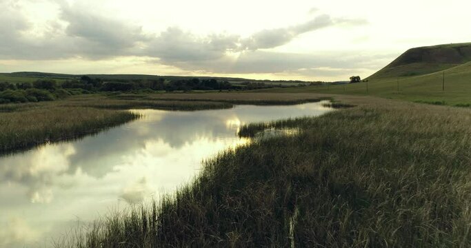 Source of the river with beauty calm swampy backwater with reeds and thickets and bald hills background. Aerial above drone wide view at summer evening sky.