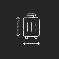 Baggage size chalk white icon on dark background. Measuring luggage for airport regulation. Suitcase check for flight. Travel objects. Isolated vector chalkboard illustration on black