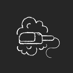 Travel size steam iron chalk white icon on dark background. Compact housekeeping appliance. Portable device. Mini object for trips. Isolated vector chalkboard illustration on black