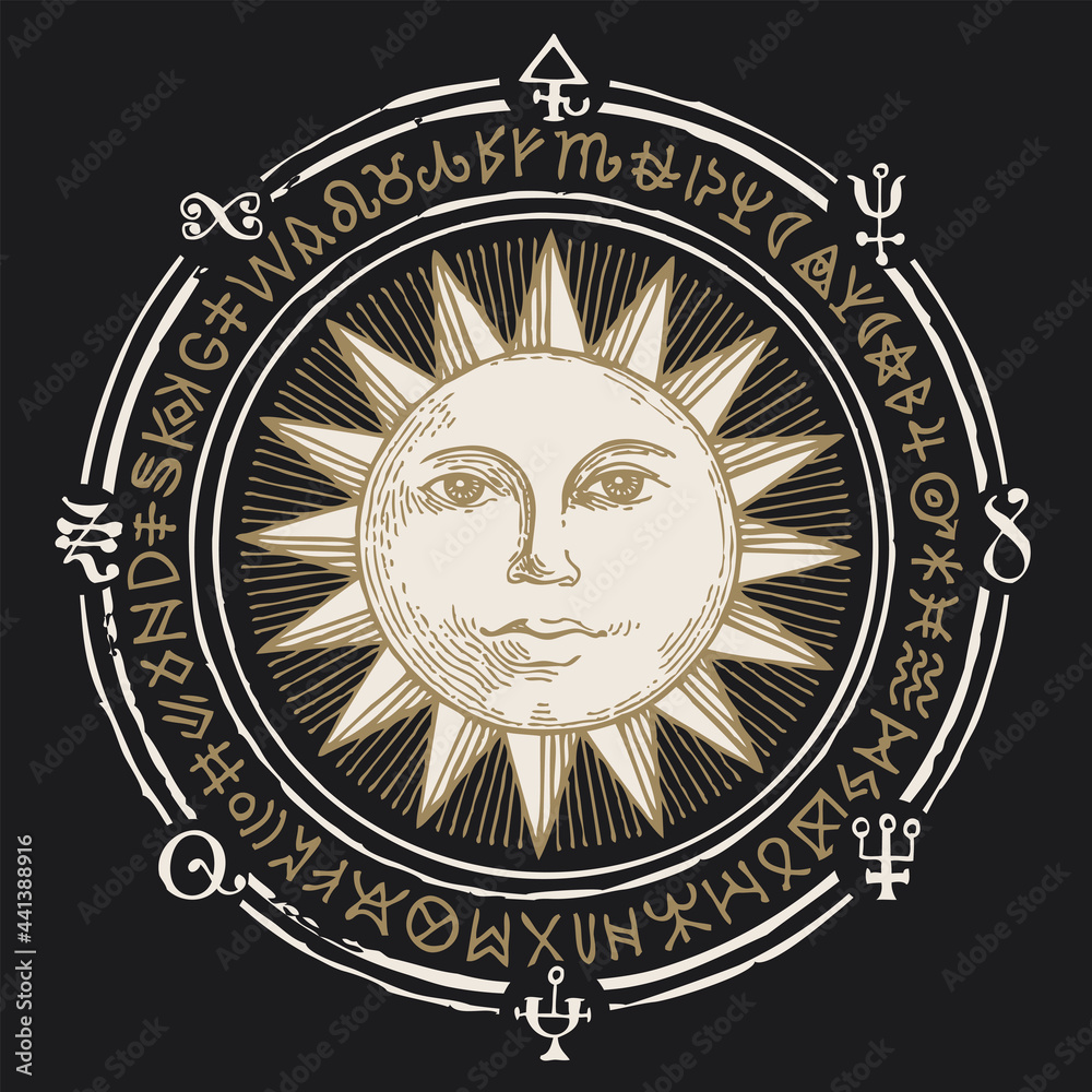 Wall mural hand-drawn illustration with the sun and esoteric symbols on a black background in retro style. vect