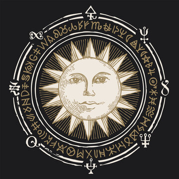 Hand-drawn illustration with the Sun and esoteric symbols on a black background in retro style. Vector banner, mascot or amulet in the form of a circle with magic signs and runes