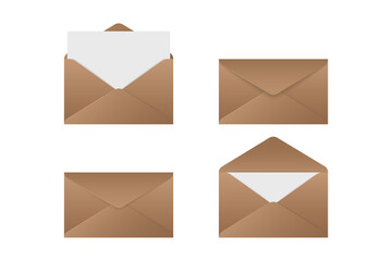Realistic blank envelope set. Open closed vintage paper letter mockups isolated on white background. Vector illustration