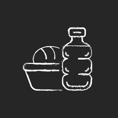 Airplane food chalk white icon on dark background. Meal during flight. Airline catering service. Essential things for tourist. Travel size objects. Isolated vector chalkboard illustration on black