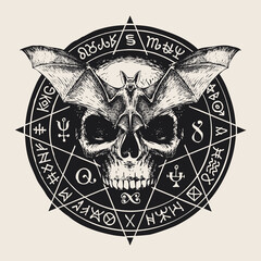 Hand-drawn sinister human skull, bat with open wings and magic symbols written in a circle. Witchcraft, occult attributes, esoteric signs. Monochrome vector banner or amulet with a flying vampire - obrazy, fototapety, plakaty