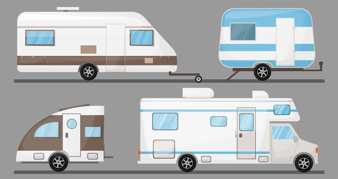 Tourism transport recreational vehicle, mobile home, transportationTravel car icons. Isolated  camping trailer, automobile vector illustration  