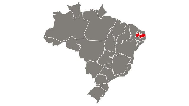 Paraiba federative unit blinking red highlighted in map of Brazil