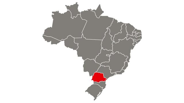 Parana federative unit blinking red highlighted in map of Brazil