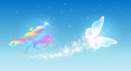Obraz na płótnie Canvas Galloping iridescent Unicorn with luxurious winding mane and flying fairytale butterfly against the background of the fantasy universe with sparkling stars