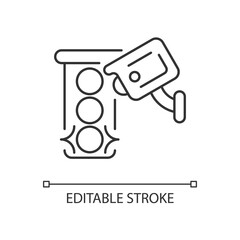 Traffic enforcement camera linear icon. Monitoring roads, highways. Roadway camera. Thin line customizable illustration. Contour symbol. Vector isolated outline drawing. Editable stroke