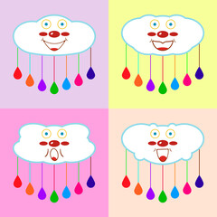 Set of cute cartoon clouds with colorful raindrops and funny faces for kids room decor, card, interior, scrapbooking and other design ideas. Vector drawing.