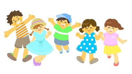 笑顔でジャンプするこどもたち　夏