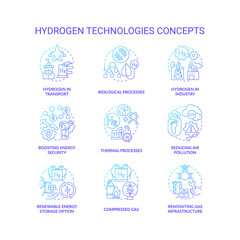 Hydrogen technologies concept icons set. Reduce pollution idea thin line color illustrations. Renovating infrastructure. Renewable energy storage. Thermal processes. Vector isolated outline drawings