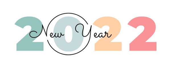 Vector black and white lines lying on multicolored numbers 2022 for poster, brochure, banner, ticket. Numbers and handwritten letters isolated on white background. Happy new year 2022.