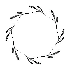 Fototapeta na wymiar Vector hand drawn spring wreath isolated on white background. Outline circle of leaves. Doodle style. Floral frame.