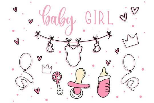 Baby Girl Doodle Set. Hand Drawing Newborn Baby Collection. Cute Girl Icons Clipart. Doodle Style Of Milk Bottle With Pacifier. Vector EPS 10