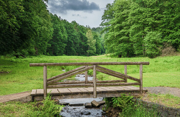 Fototapeta na wymiar Holzbrücke über einem Bach in einem Tal