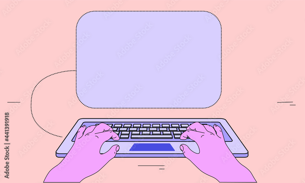 Fototapete 1990's style grunge cartoon laptop design with blank screen on pink background. pink notebook comput