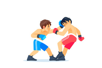A young boxer or fighter loses and gets hit in the face by a knockdown or knockout in the boxing ring during a fight. Cartoon character, flat vector style illustration - obrazy, fototapety, plakaty