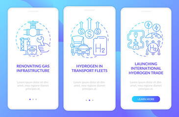 Promoting H2 strategy onboarding mobile app page screen. Launch international trade walkthrough 3 steps graphic instructions with concepts. UI, UX, GUI vector template with linear color illustrations