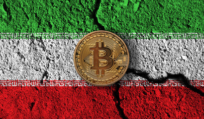 Bitcoin crypto currency coin with cracked Iran flag. Crypto restrictions