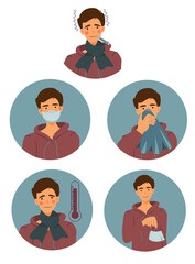 Set of Man with different diseases symptoms. Coronavirus 2019-nCoV symptoms, healthcare and medicine infographic. wearing mask. Sore throat, cough, fever, snot, breathlessness. Health care concept.