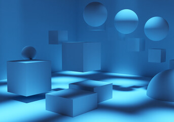 Background with floating geometric elements. Abstract zero gravity background. Soaring geometric shapes. Geometric background blue. Graphic texture design. Graphic pattern. 3d rendering