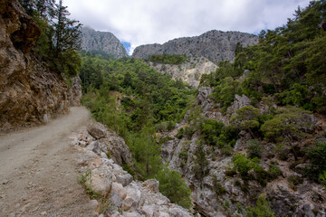 Fototapeta na wymiar Travel through the Goyniuk Canyon. Beautiful places in Turkey. Mountain river and rocks in Kemer.