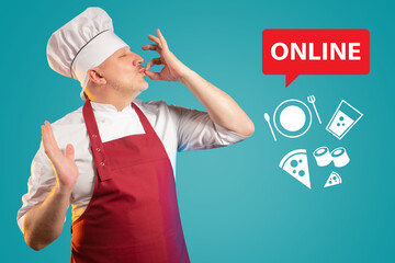 Online logo near chef. delivering food concept. delivering food from restaurant Portrait of man chef making delicious gesture. Food icon near it. Metaphor for delivering nutrition prepared by chef