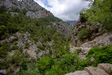 Fototapeta na wymiar Travel through the Goyniuk Canyon. Beautiful places in Turkey. Mountain river and rocks in Kemer.