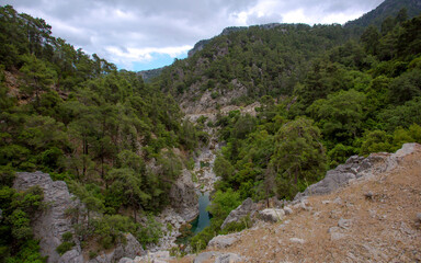 Travel through the Goyniuk Canyon. Beautiful places in Turkey. Mountain river and rocks in Kemer.
