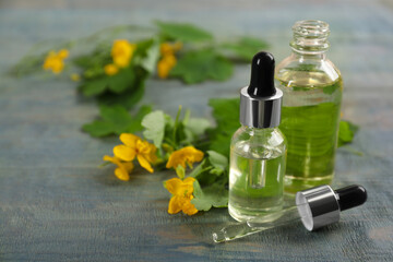 Bottles of natural celandine oil near flowers on blue wooden table. Space for text