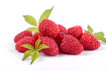 Ripe raspberries with raspberry leaf isolated on a white background