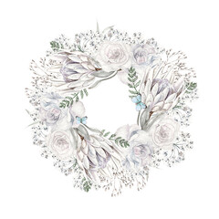 Beautiful watercolor wreath  with rose, protea, butterfly and blue flowers forget me not.
