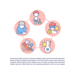 Risk factors for heatstroke concept line icons with text. PPT page vector template with copy space. Brochure, magazine, newsletter design element. Hot weather, old age linear illustrations on white