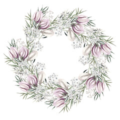 Beautiful watercolor wreath  with white flower gypsophila and leaves.