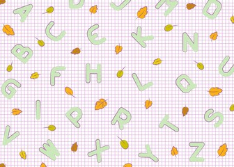 Printed letters and autumn leaves on a sheet against a background of a sheet in a cage