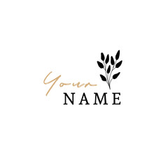 Simple elegant hand drawn branch with leaves. Vector floral logo template.